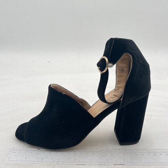 YDN Black Suede Peep Toe Chunky High Heel Ankle Strap Pumps Slip on Sandals - Picture 1 of 7